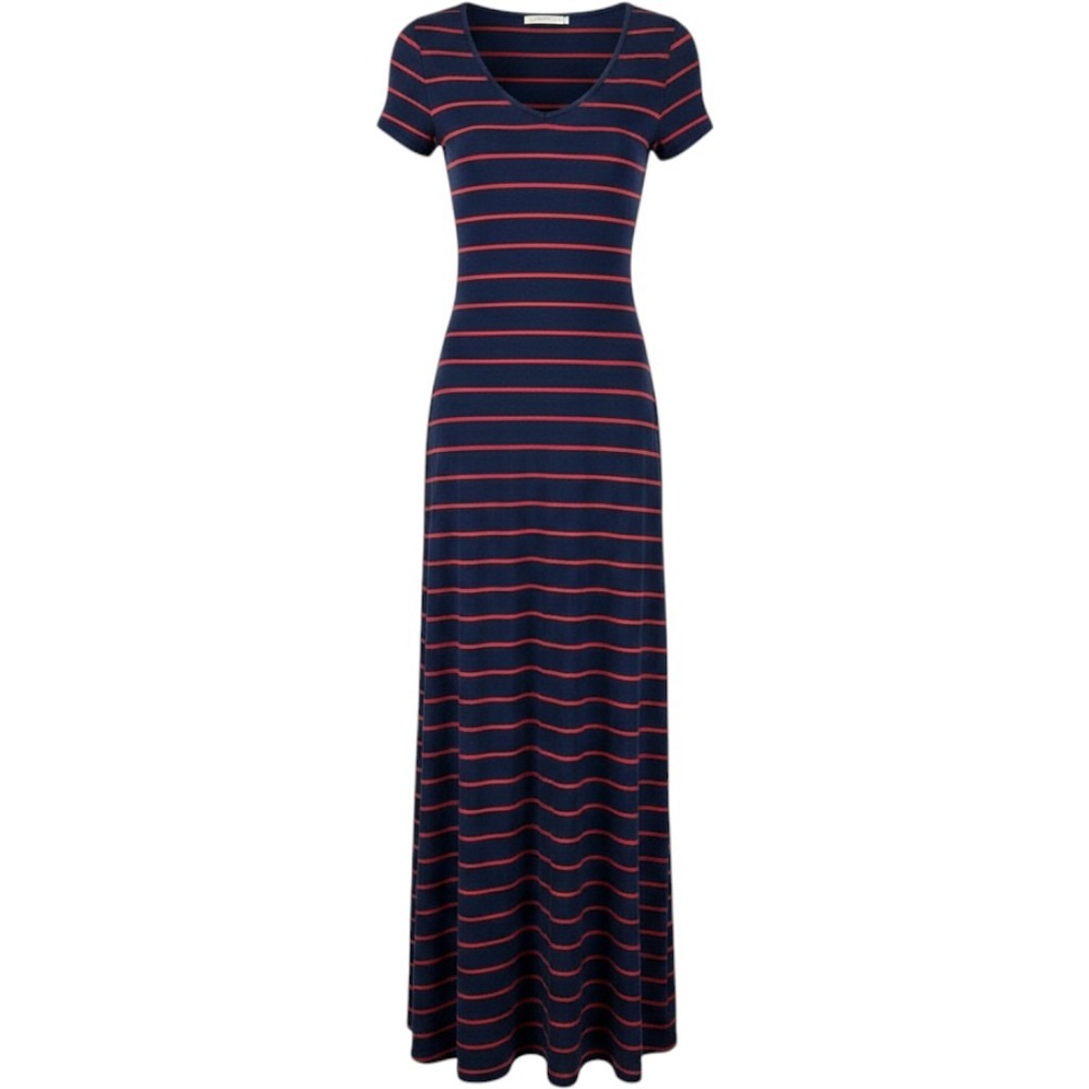 Just Love Maxi Dress Womens XL Navy Blue Red Striped V-Neck Short Sleeve Casual